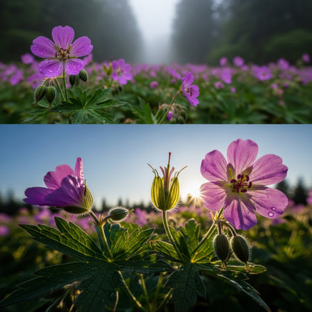 Landscape of a meadow with wild geranium flowers in the sunlightの素材