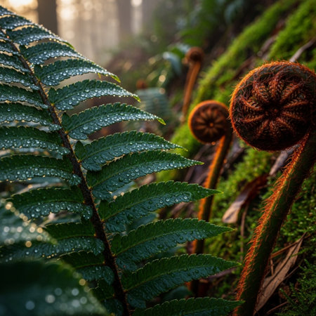 Fern leaves with dew drops in the forest at sunrise.の素材
