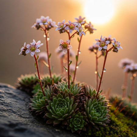 Beautiful green plants growing on a rock in the sunset light.の素材