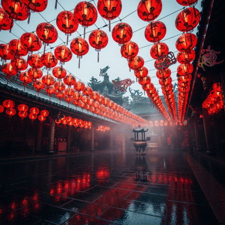 Chinese lanterns in the ancient city of Chengdu, China.の素材