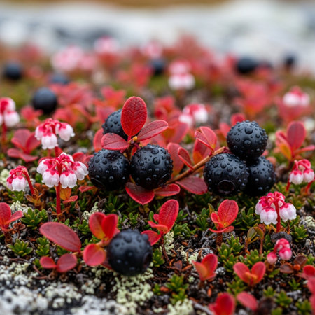 Close-up of wild blueberries and lingonberry on the mossの素材