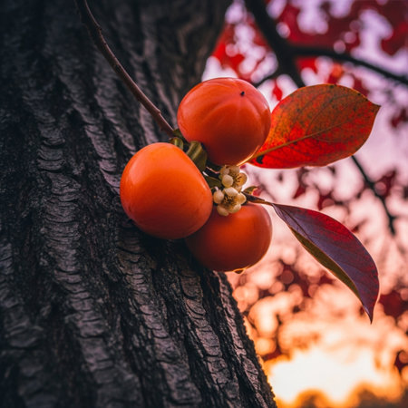 Persimmon fruit on a tree in autumn time. Selective focus.の素材