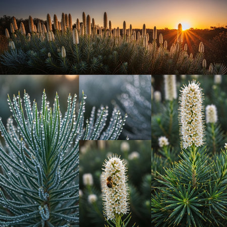 Collage of pine branches in the morning light. Beautiful natural backgroundの素材