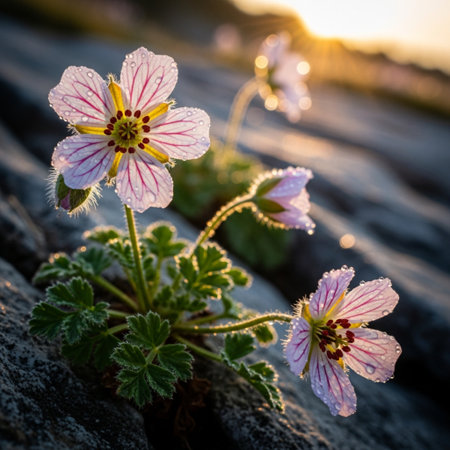 Beautiful pink geranium flowers on the lake shore at sunset.の素材