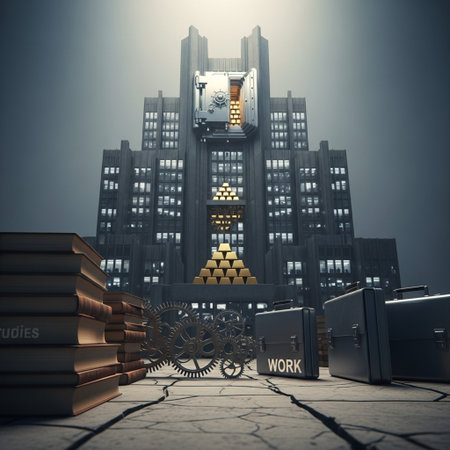3D rendering of a construction site with gold bars and golden coinsの素材