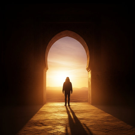 Silhouette of man standing in front of the door at sunriseの素材