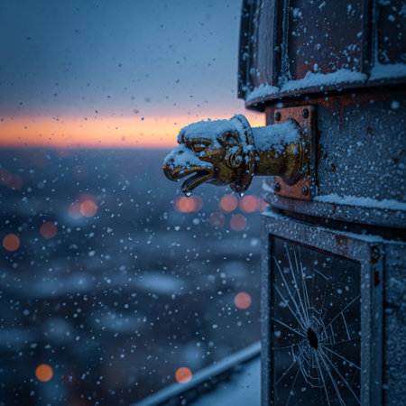 Snowfall on the window of a train in the city at nightの素材
