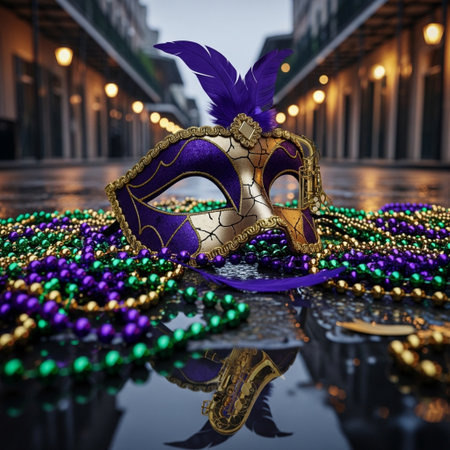 Carnival mask and beads on the floor in Venice, Italyの素材