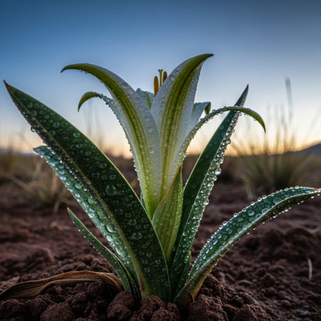 White lily flower with dew drops in the desert at sunsetの素材