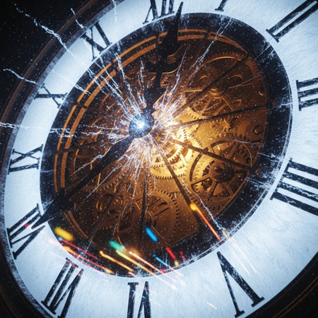 Old clock face closeup with bullet holes and sparks. Time conceptの素材