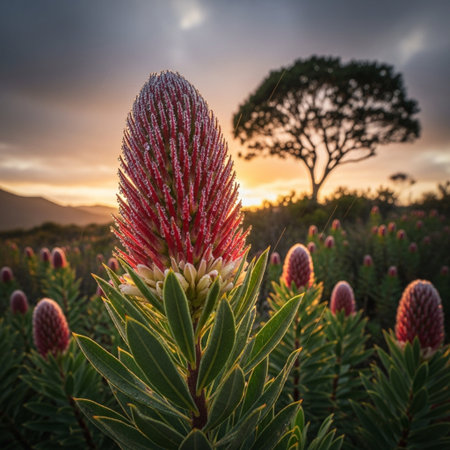 Protea flower at sunset, South Island, New Zealand.の素材