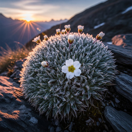 Beautiful flowers on a rock at sunset in the mountains. Tatra Mountains, Poland.の素材