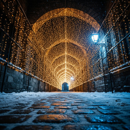 Gothic tunnel with lights at night in Prague, Czech Republicの素材