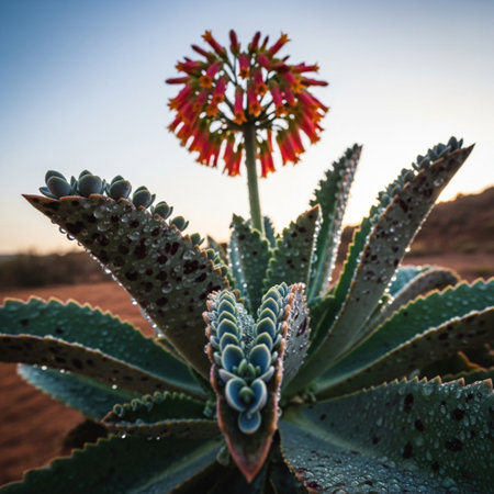 Aloe vera plant with red and blue flowers in the desertの素材