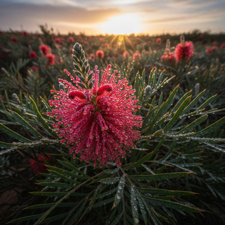 Red flower of Callistemon citrinus in the field.の素材