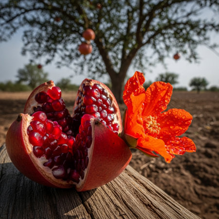 Ripe pomegranate fruit and flower in the field.の素材