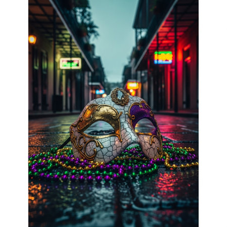 Photo of elegant and delicate Venetian mask with colorful beads on the street at nightの素材