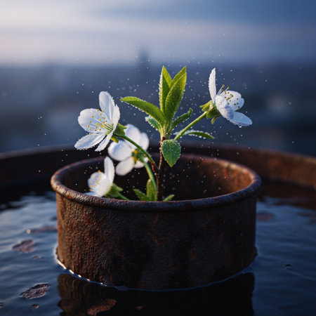 Sprig of jasmine flowers with water drops on the background of the cityの素材