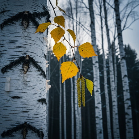 birch forest in autumn with yellow leaves and birch tree trunksの素材