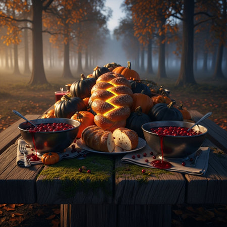 Autumn still life with pumpkins, bread and berries on a wooden tableの素材