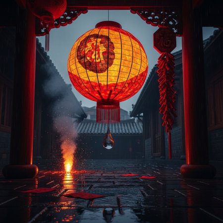 Chinese temple with red lanterns and water drop. 3d renderingの素材