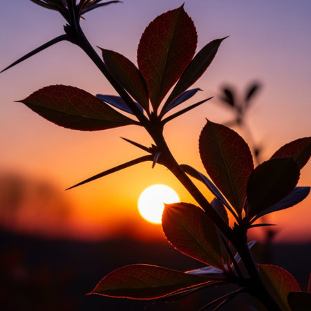 Silhouette of a bush with leaves against the background of the setting sunの素材