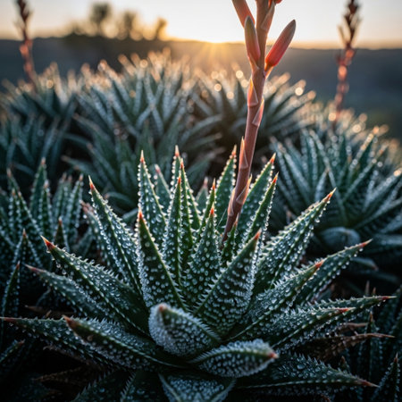 Close up of aloe vera plant with dew drops at sunriseの素材