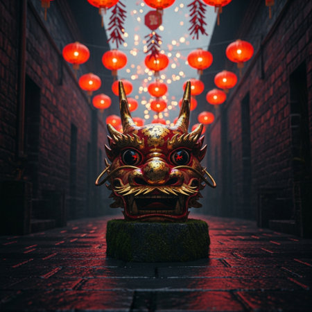 3D rendering of a chinese dragon statue with lanterns in the backgroundの素材