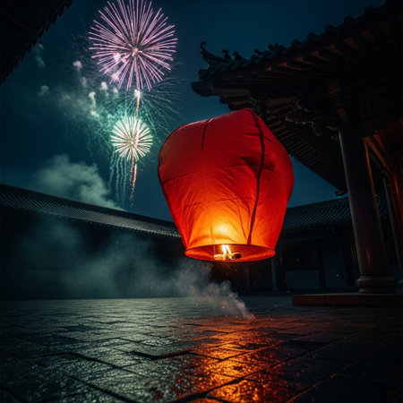 Fireworks in the night sky with a red lantern in the foregroundの素材