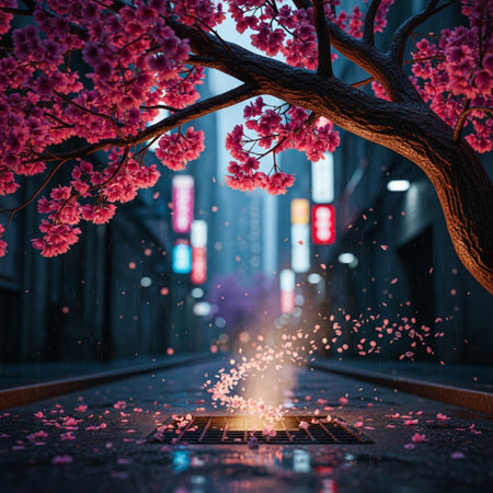 Cherry blossoms in the city at night. 3D renderingの素材
