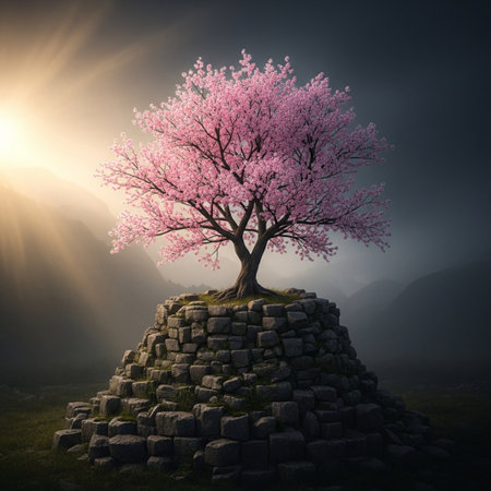 Cherry blossom tree with sunbeams and foggy backgroundの素材