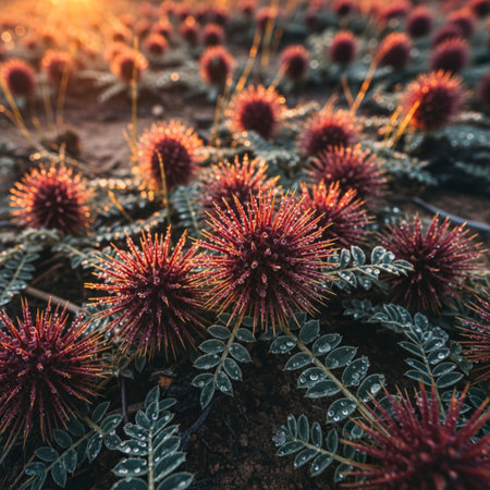 Close up of red flowers and green leaves at sunset. Natural backgroundの素材