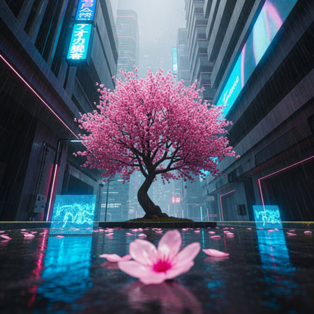 Cherry blossom tree in the city,3d rendering.の素材
