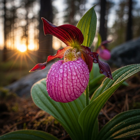 Beautiful blooming Lady's Slipper Orchid (Cypripedium calceolus) in the forest.の素材