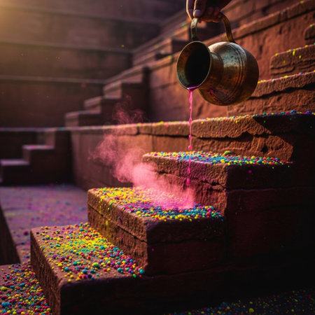 Colorful sprinkles pour from copper jug into the stone stairs.の素材