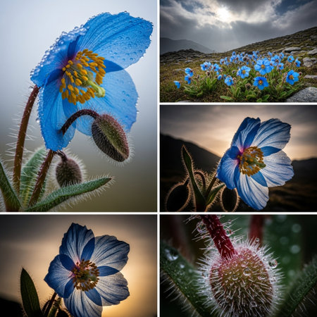 Collage of blue flowers in the mountains at sunset. Toned.の素材