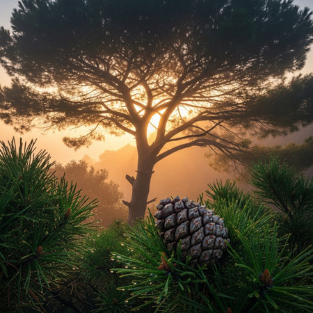 Pine tree and pine cone in a foggy morning at sunriseの素材