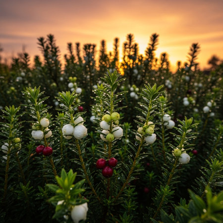 Close up of a row of lingonberry bushes at sunset.の素材