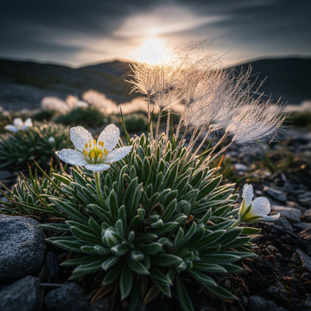 Pulsatilla alpina flower in the mountains at sunsetの素材