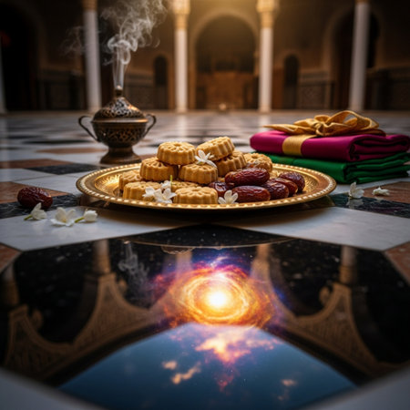 Traditional oriental sweets on the table. Ramadan Kareem background.の素材