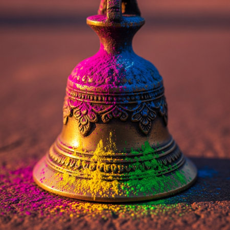 Hindu festival Holi background. Colorful holi powder on golden bellの素材