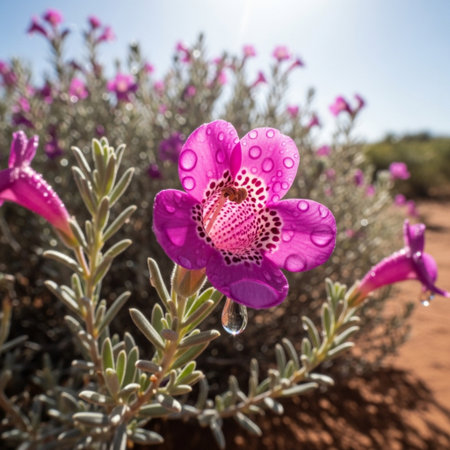 Water drops on a pink flower in the arid desert of Namibiaの素材