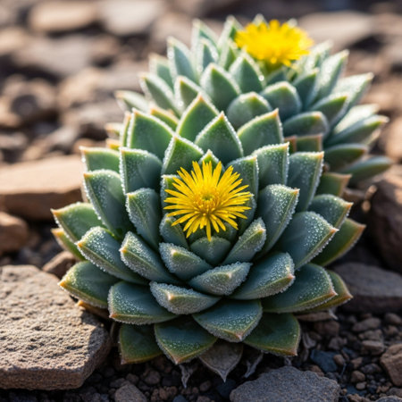 Succulent plant with yellow flower in the desert of Gran Canariaの素材