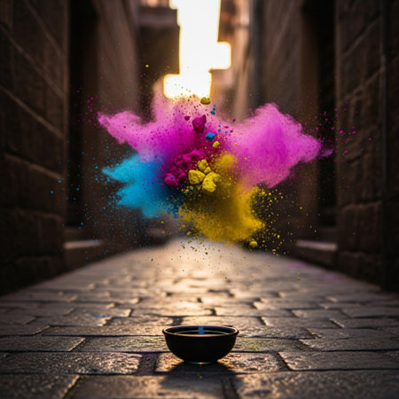 Colorful powder explosion in the street. Selective focus. Shallow depth of field.の素材