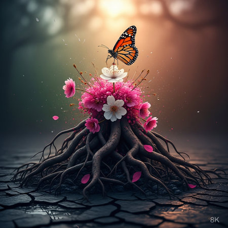 Conceptual image with butterfly and flowers growing out of the groundの素材