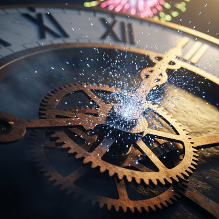 Conceptual image of clock face with gearwheels and fireworksの素材