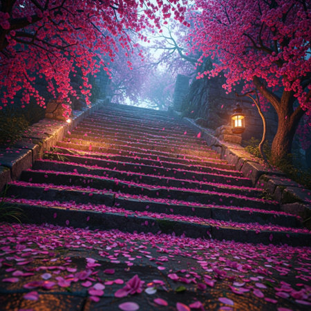 Cherry blossoms and stairs with lantern in the garden at nightの素材