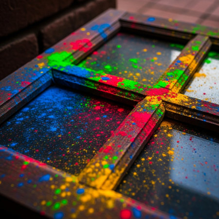 Colorful holi powder splashing on wooden frame, abstract backgroundの素材
