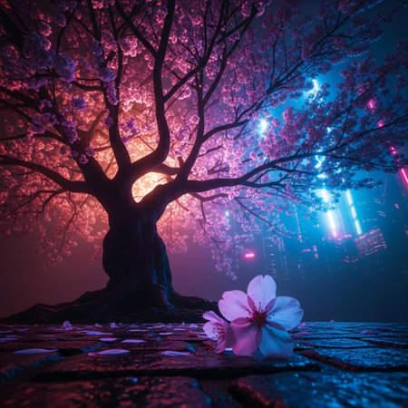 Cherry blossom in full bloom with foggy night scene backgroundの素材