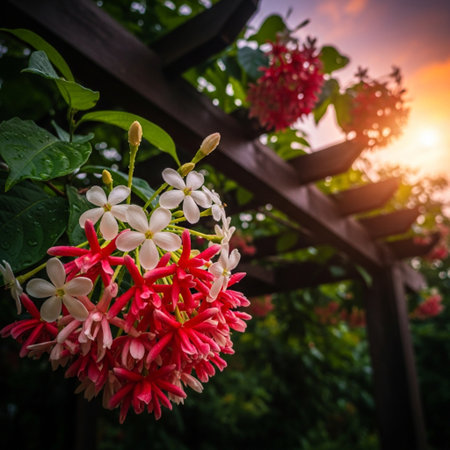 Red and white flower of Combretum indicum or jasmine.の素材